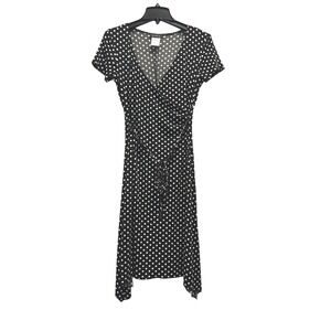 Y2K B Darlin Black White Polka Dot Wrap Midi‎ Dress Short Sleeve Women 7/8